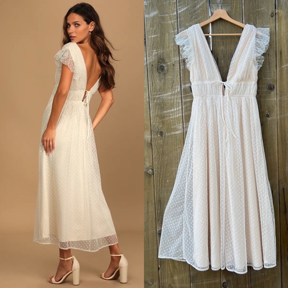 Ivory Cream Swiss Dot Ruffled Tulle Midi Dress 🌿 - Picture 2 of 15